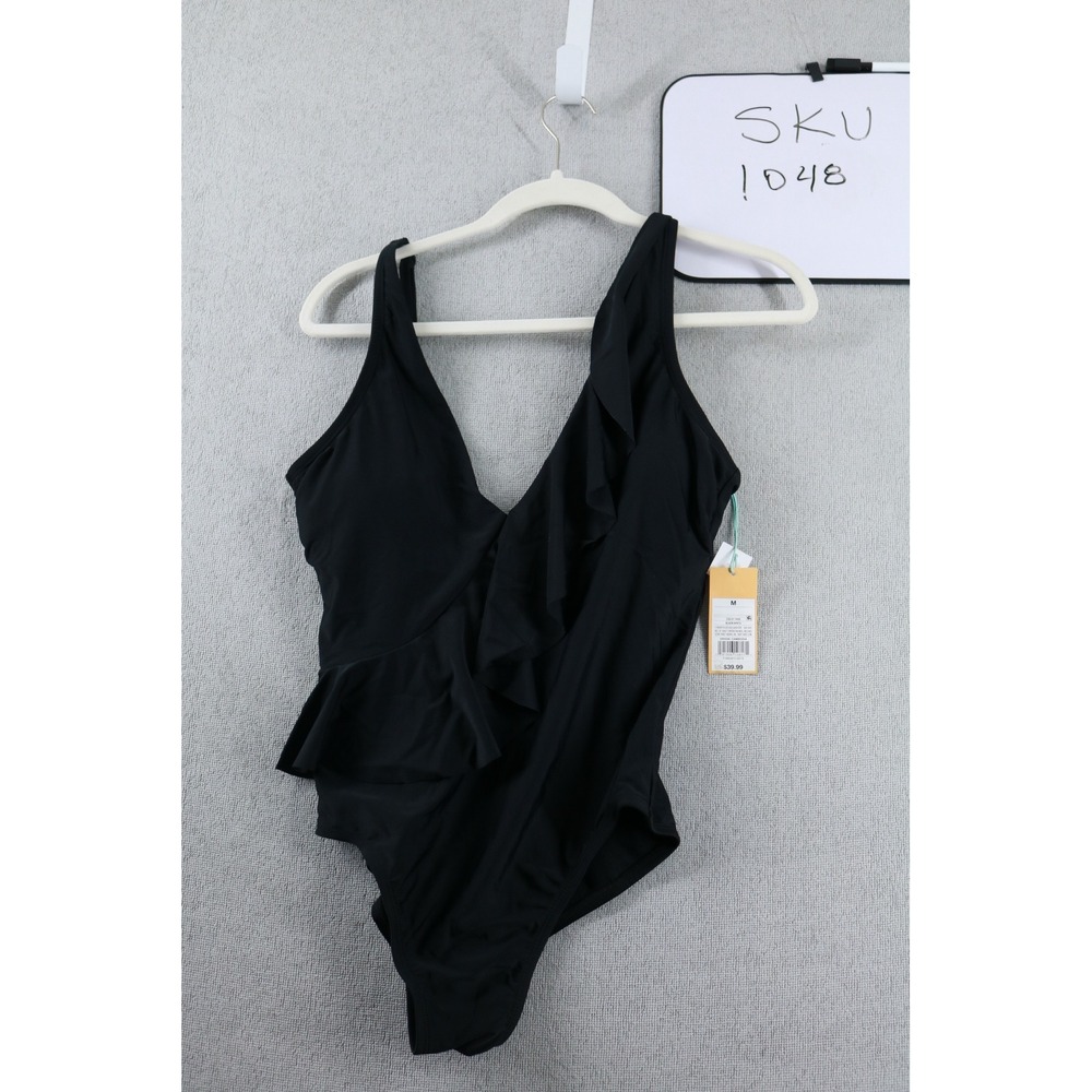 Kona Sol Swimsuit Women Medium Black One Piece Ruffle V-Neck 238 01 7428 Solid